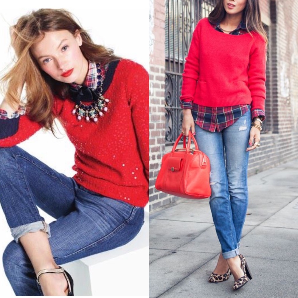 J. CREW | Red Cotton Stretch Long Sleeve Fitted Crewneck Sweater XS